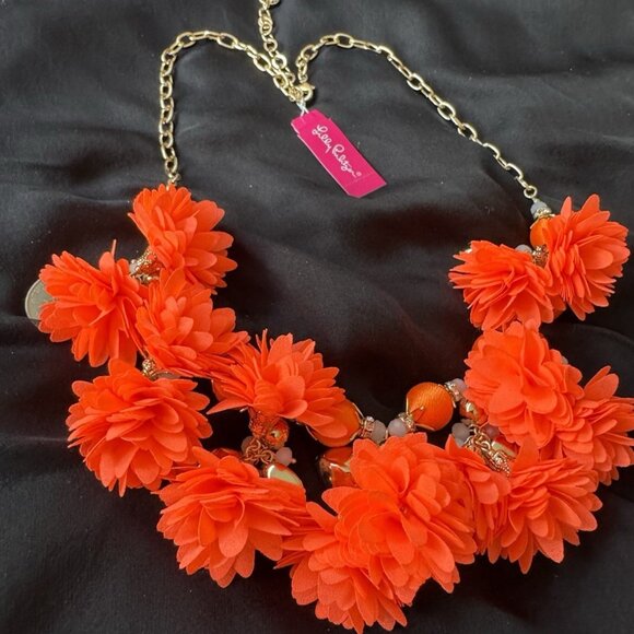 2 PC Lilly Pulitzer Orange Floral Statement Necklace Earring SET NEW - Picture 2 of 16